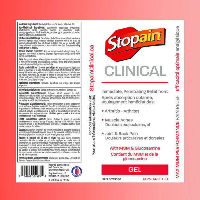 Stopain Clinical Pain Relief Gel 4oz