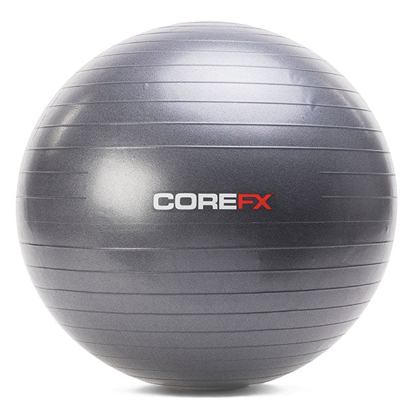Gray exercise ball with COREFX logo on a white background