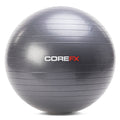 Gray exercise ball with COREFX logo on a white background