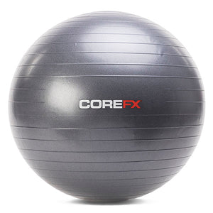 Gray exercise ball with COREFX logo on a white background