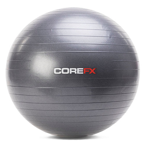 Gray exercise ball with COREFX logo on a white background