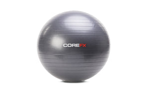 Gray exercise ball with COREFX logo on a white background