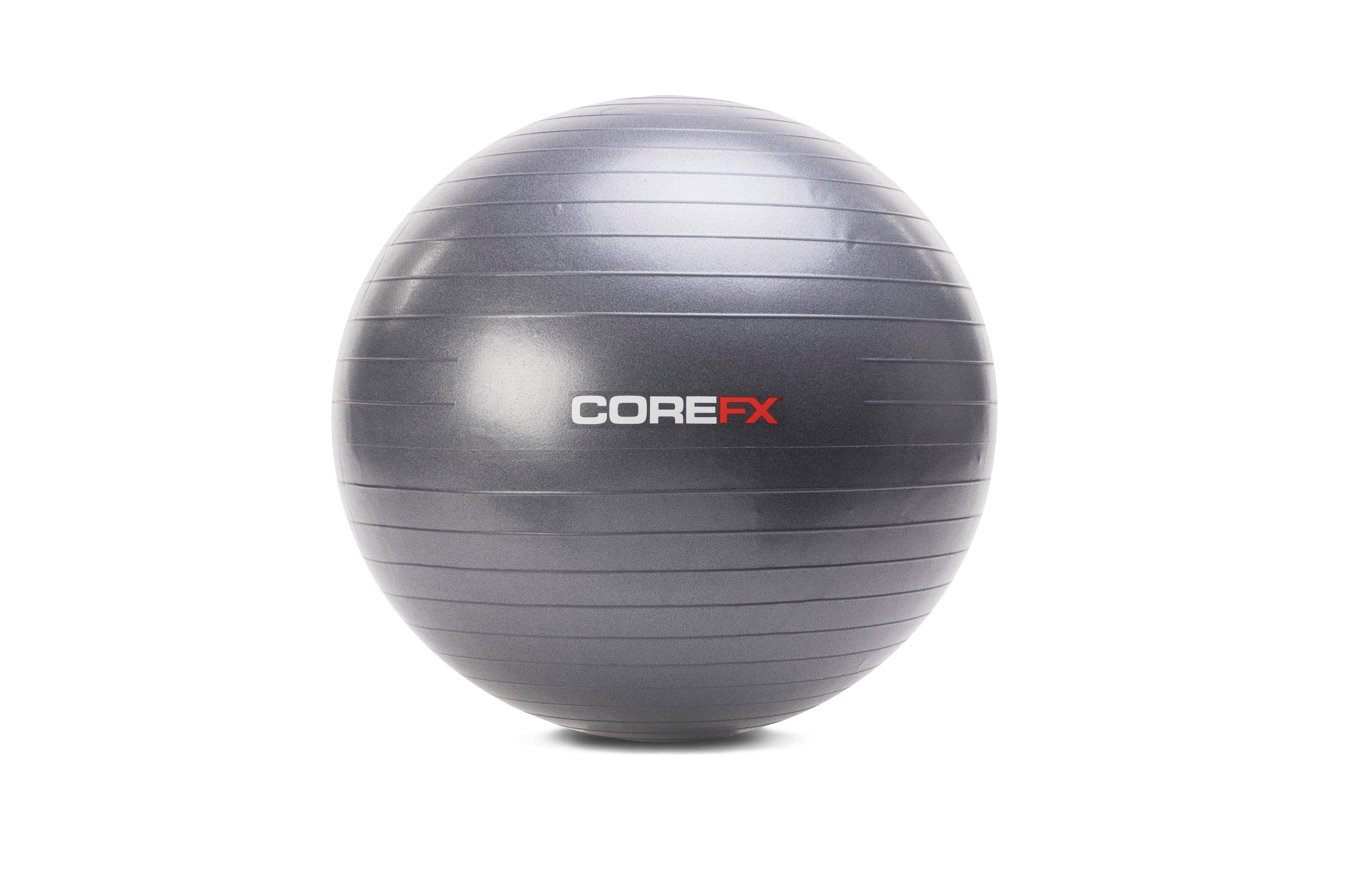 Gray exercise ball with COREFX logo on a white background