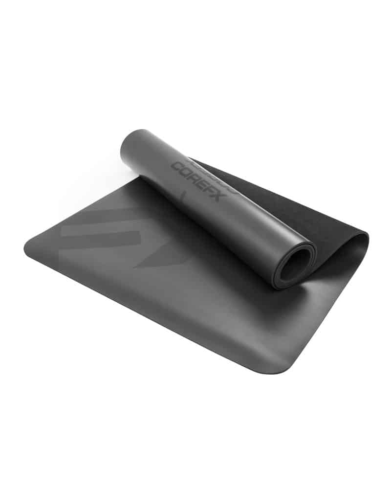 COREFX Yoga & Recovery Mat Gray exercise mat with rolled-up mat on a white background