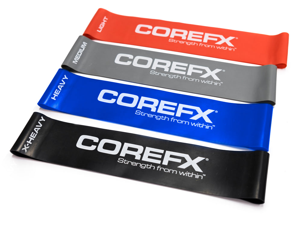 COREFX resistance bands in various colors on a white background COREFX Pro Loop Resistance Band Set 4-Pack
