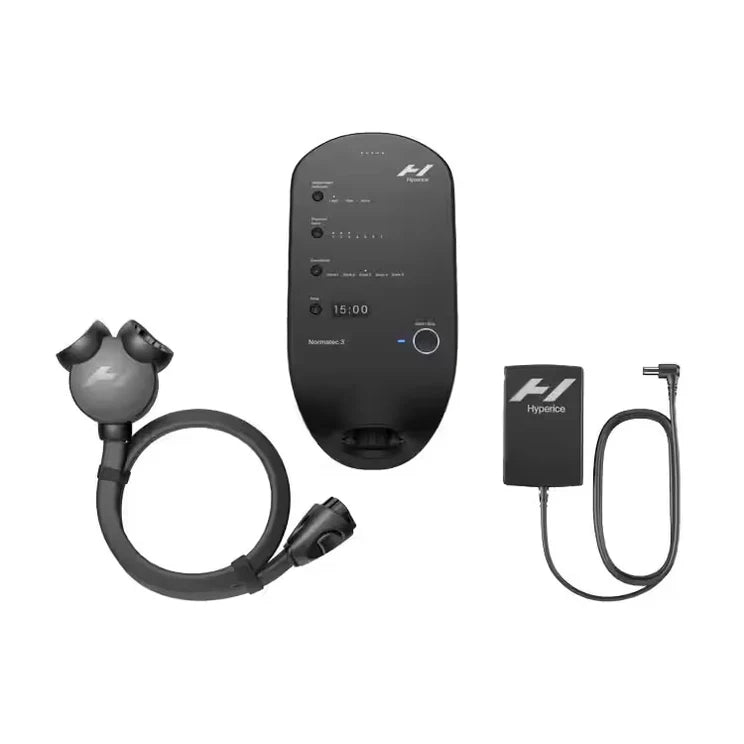 Normatec 3 Control Unit Black electronic device with hose attachments on a white background