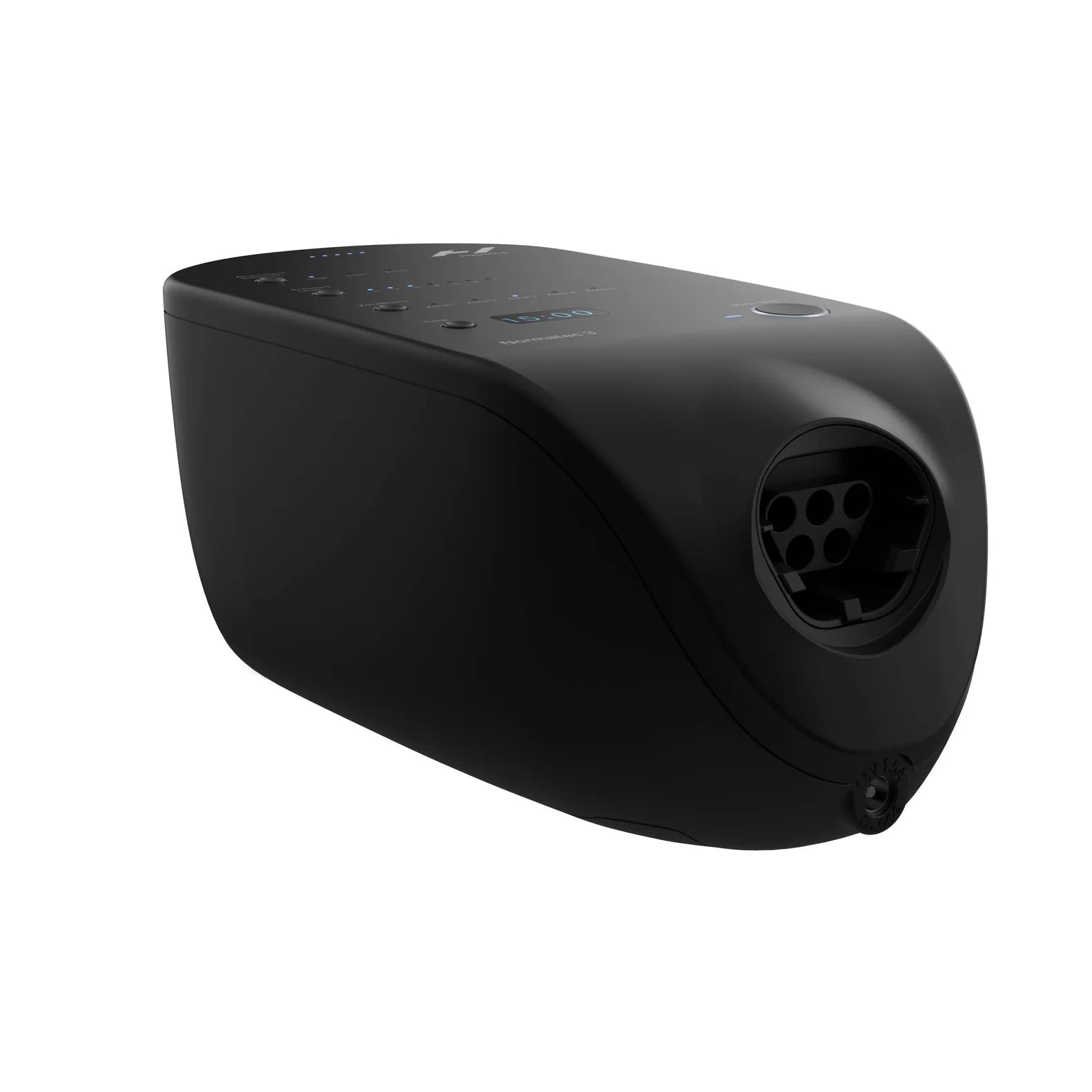 Normatec 3 Control Unit Black electronic device with a circular port on a white background
