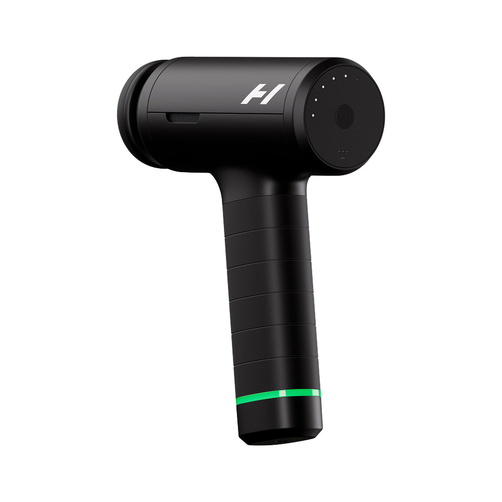 Hypervolt Black handheld device with a green accent on a white background